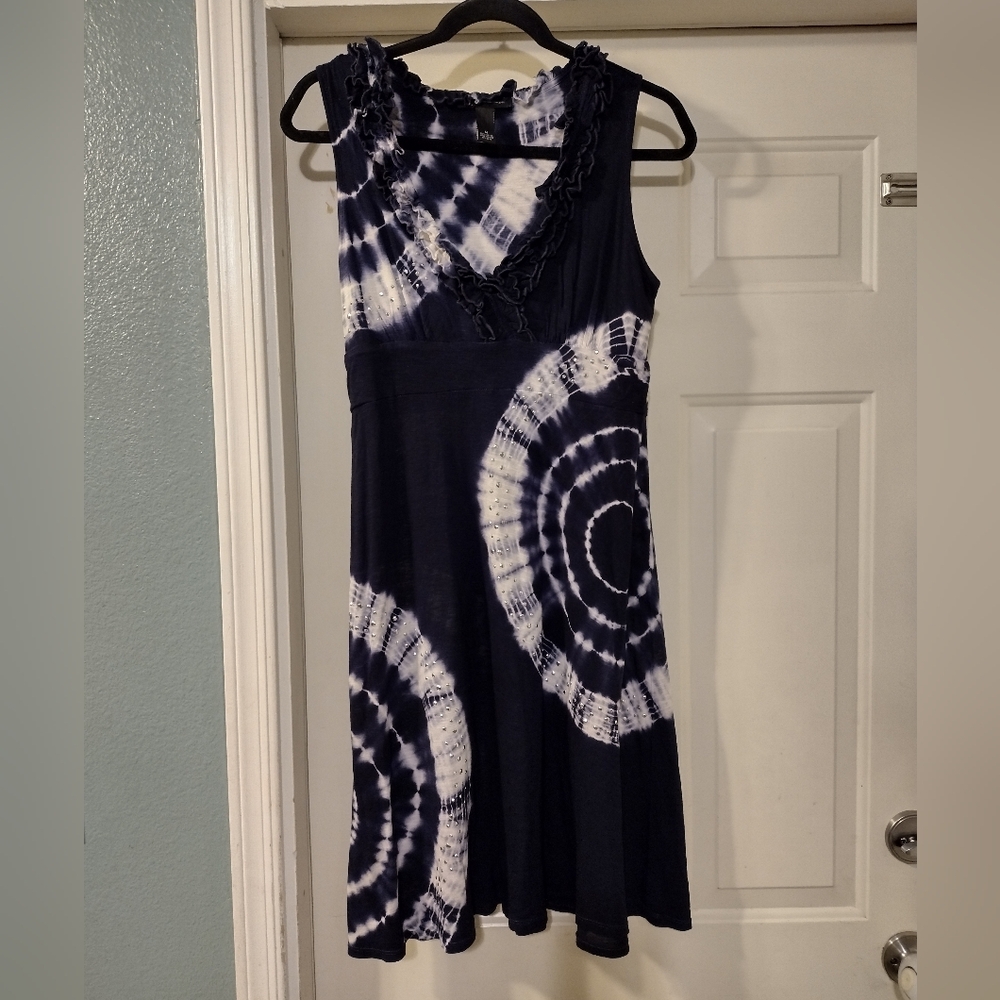 INC International Concepts Navy & White Ruffle V-neck Rhinestones Midi Dress Med